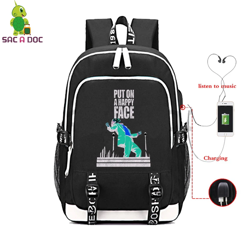 

USB Professional Laptop Casual Daypack Men's Backpack Put on A Happy Face Printed Notebook Unisex Sports Travel Bag Pack for Men