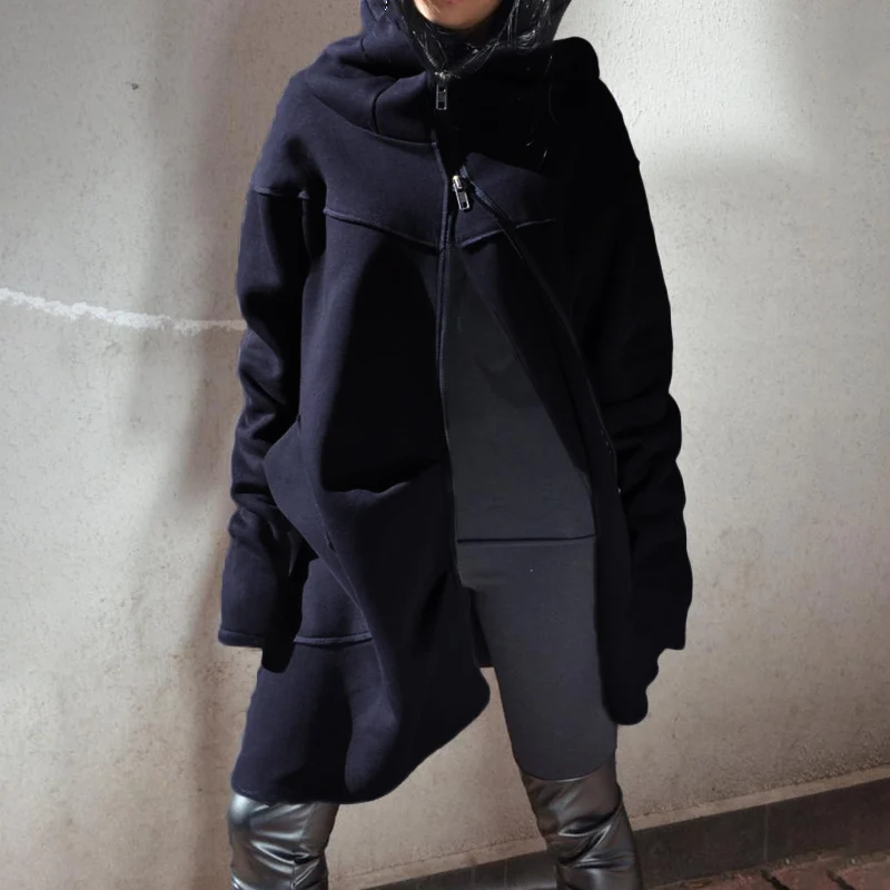 Cellumia, зимние длинные пуловеры, модные женские ассиметричные толстовки с капюшоном, повседневные свободные толстовки с карманами на молнии, топы с капюшоном размера плюс
