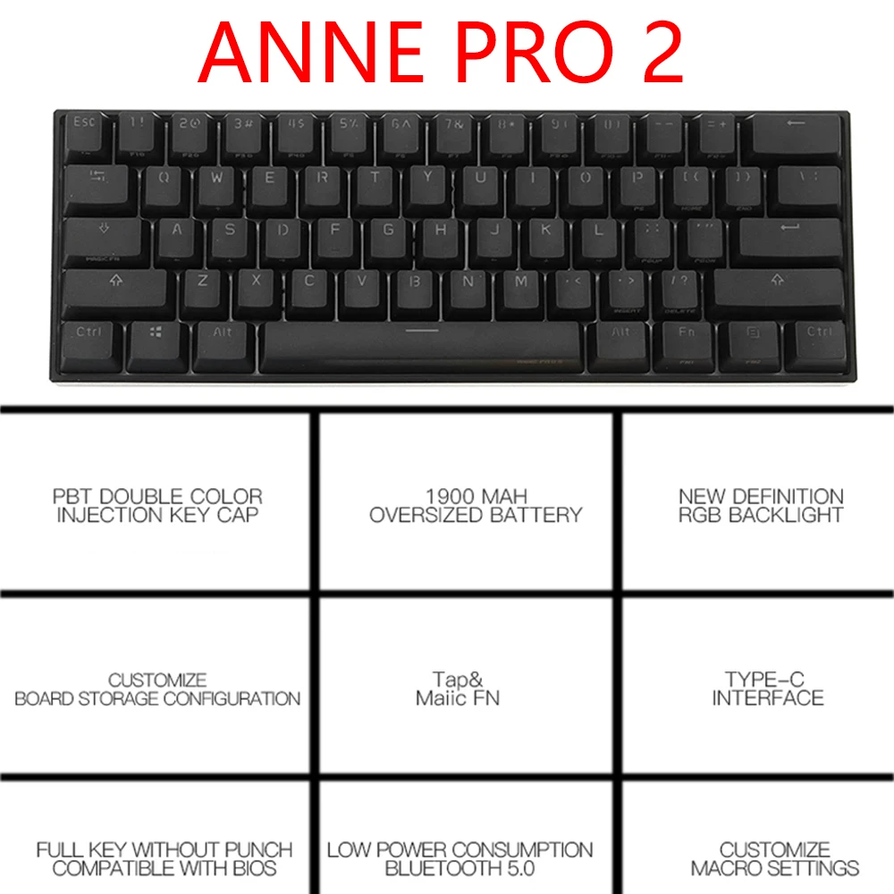 US $78.66 Mechanical Gaming Keyboard Anne Pro 2 Pro2 60 61 Keys NKRO Bluetooth 50 TypeC RGB Cherry Switch Gateron Switch Kailh Switch