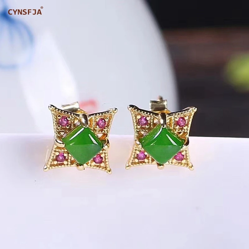 

CYNSFJA New Real Certified Natural Hetian Jasper 925 Sterling Silver Handmade Amulets Green Jade Earrings high Quality Best Gift