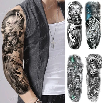

Large Arm Sleeve Tattoo Lion Warrior King Waterproof Temporary Tatto Sticker Lightning Crown Skull Body Art Full Fake Tatoo Men