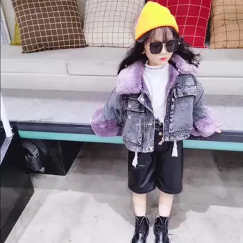 

Hot selling girls fur denim jackets 2019 winter new cute whicken coats children outerwear tops kids fur coats 7 colors ws1163