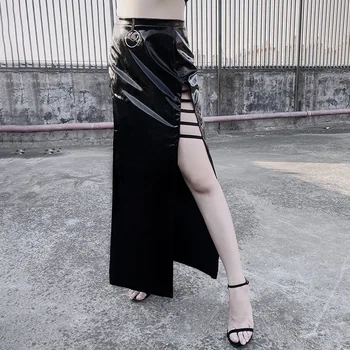 

Retro Gothic Bright Painted Pu Long Skirt After Autumn Winter Ins Zipper Open Fork Sexy Night Shop Wrap Hip Small Black Skirt