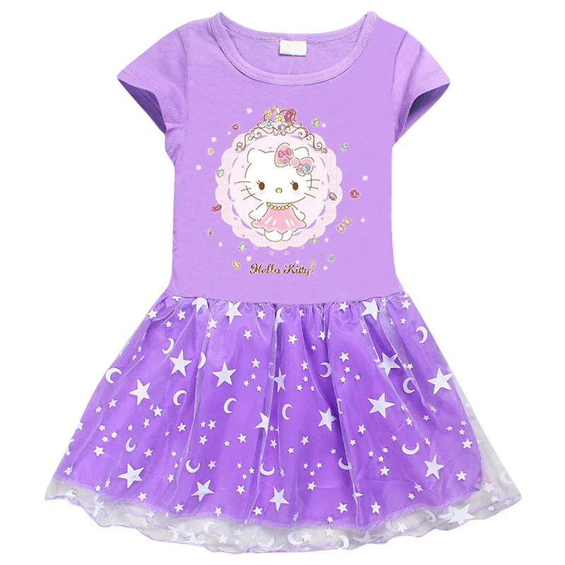 thumbnail image 1 of Ropa para niños de Hello Kitty, falda de princesa a la moda de algodón puro, vestido plisado de manga corta con estampado de dibujos animados para niñas, 1 of 5