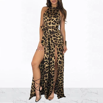 

Women Halter Sleeveless High Split Elegant Romper Fashion Leopard Print Slim Jumpsuits With Sashes Sexy Night Club Jumpsuit