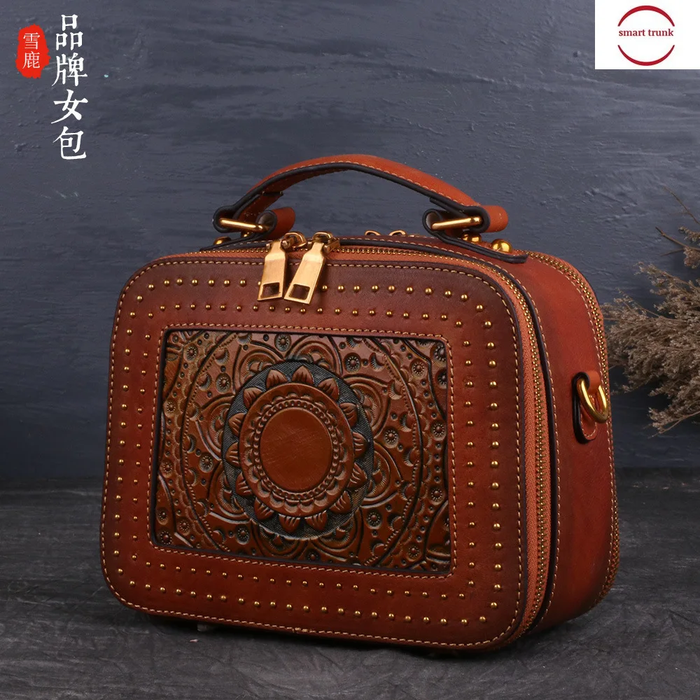 

Genuine Leather Woman Baotou Layer Cowhide Women's Handbag Totems Embossing Single Shoulder Span Woman Package Tide