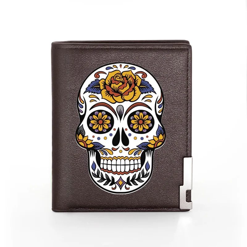 High Quality Fire Skull Cover Men Women Leather Wallet Billfold Slim Credit Card/ID Holders Inserts Male Short Purses 