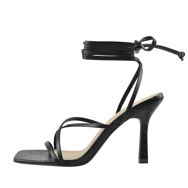 Onlymaker Women's Square Toe Black Beige Strap Stiletto Fashion Big Size Sandals