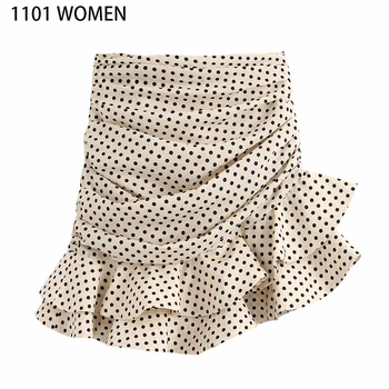 

2020 NEW Spring women's beige black dot mid-calf asymmetrical ruffle above knee skirt female fashion casual woman clothes
