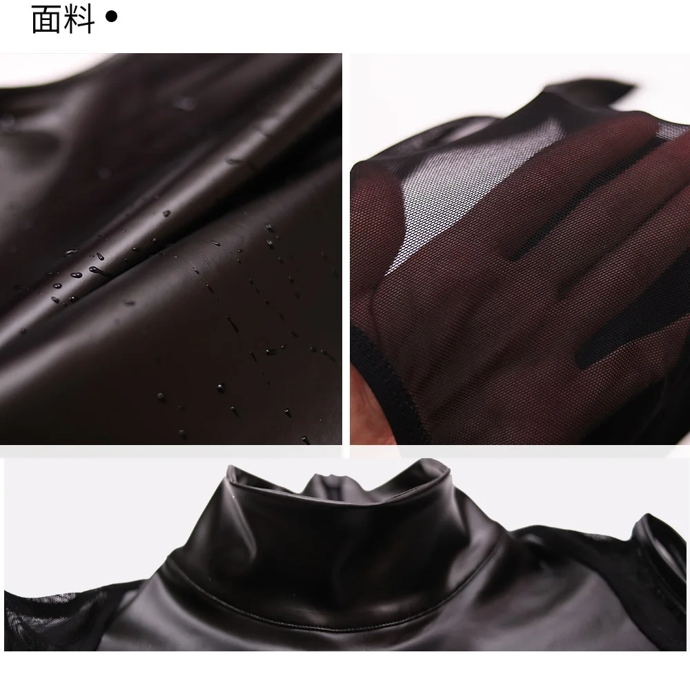 Women Leotard PU Faux Latex Leather Bodysuit High-Neck High Split Conjoined Tank Corset Catsuit Bathing Suit One-Piece Swimsuit