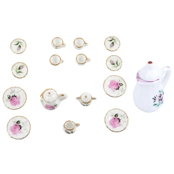 

2 Set 1:12 Dollhouse Miniature Tea Set Porcelain Coffee Tea Cup Set, 1 Set 17 Pcs Pink & 1 Set 15 Pcs Rose Red