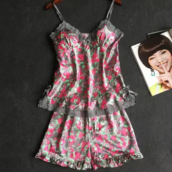 

Women Sexy Sleep Set Home Clothing Print Flower Pajamas Suit Nightwear Intimate Lingerie Satin Pyjamas Sleepwear Homewear