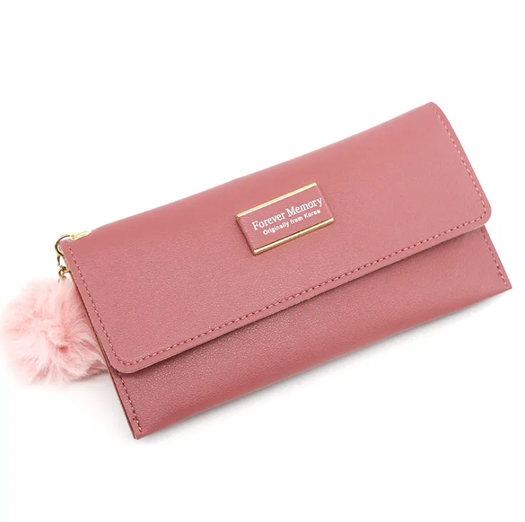 Bolso de bola de borla para mujer, Cartera de PU con colgante de bola peluda, Cartera de longitud media, Cartera de estilo europeo y americano de color caramelo