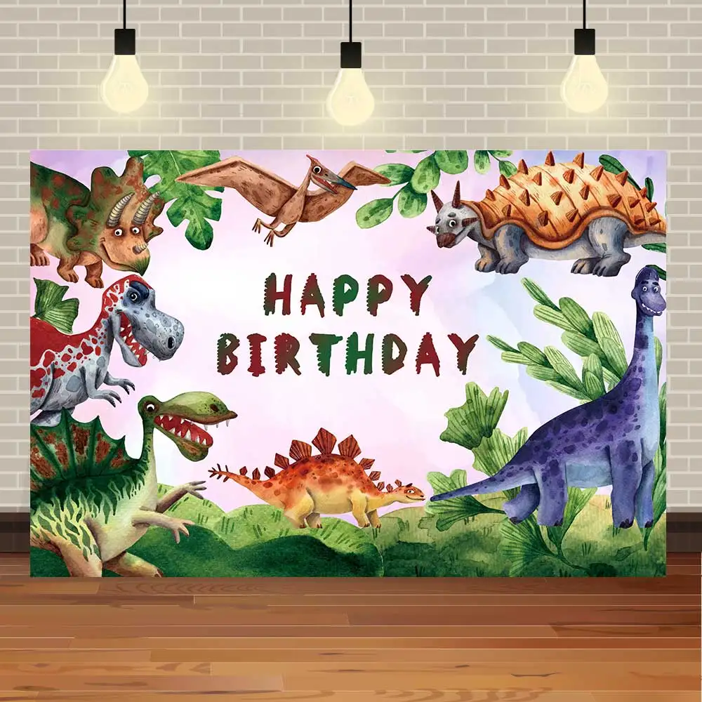 

NeoBack Happy Birthday Baby Shower Watercolor Jungle Cartoon Dinosaur Party Banner Photo Backdrop Photography Background