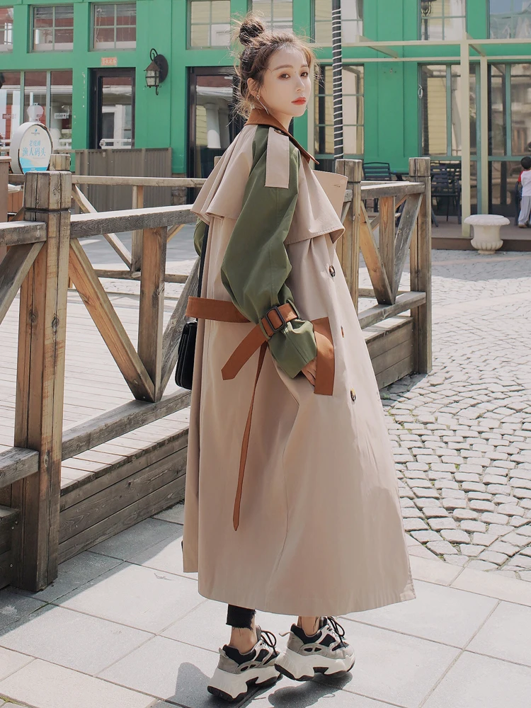 

Тренчкот женский двубортный с поясом, модная ветровка с цветными блоками, длинная верхняя одежда, весна-осень