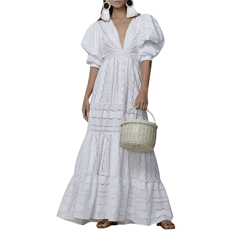 kn.jpg TWOTWINSTYLE Elegant Lace Summer Dress Women V Neck Lantern Half Sleeve High Wiast Ruched Hollow Out Dresses For Female Fashion