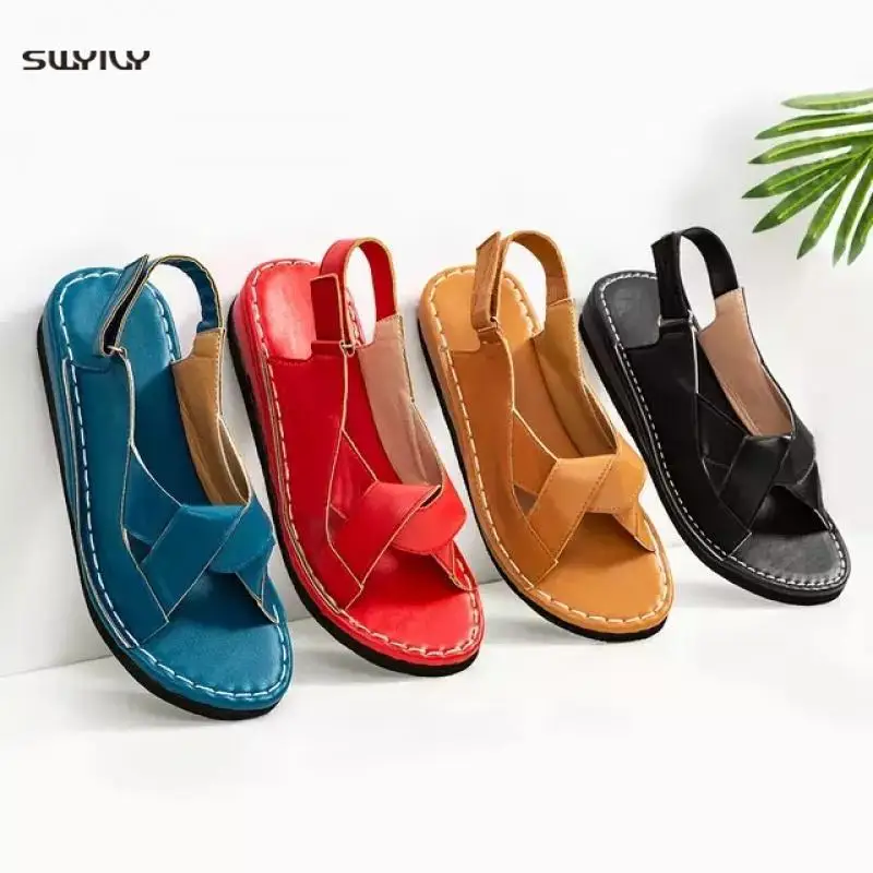 

SWYIVY Summer Women Sandals Open-Toe Platform Wedge Flats Gladiator Sandals Rome Shoes Hook-Loop Womens Sandals Flat Summer
