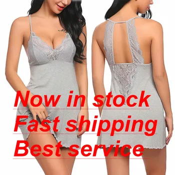 

Women's Cotton Nightwear Deep V-Neck Spaghetti Strap Lace-Trimmed Hem Doll Sleepwear Dress