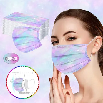 

50PC Adult Facemask Tie-dye Gradient Printed Masks Three-Layer mask with filter Disposable mask for face mouth Earloop mascaras