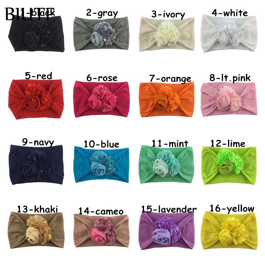 20pcs/lot Chic Headwear Elastic Wide Nylon Headband with Satin Flower Chiffon Rose Kids Photo Props 15 Colors HB105 - Цвет: mix