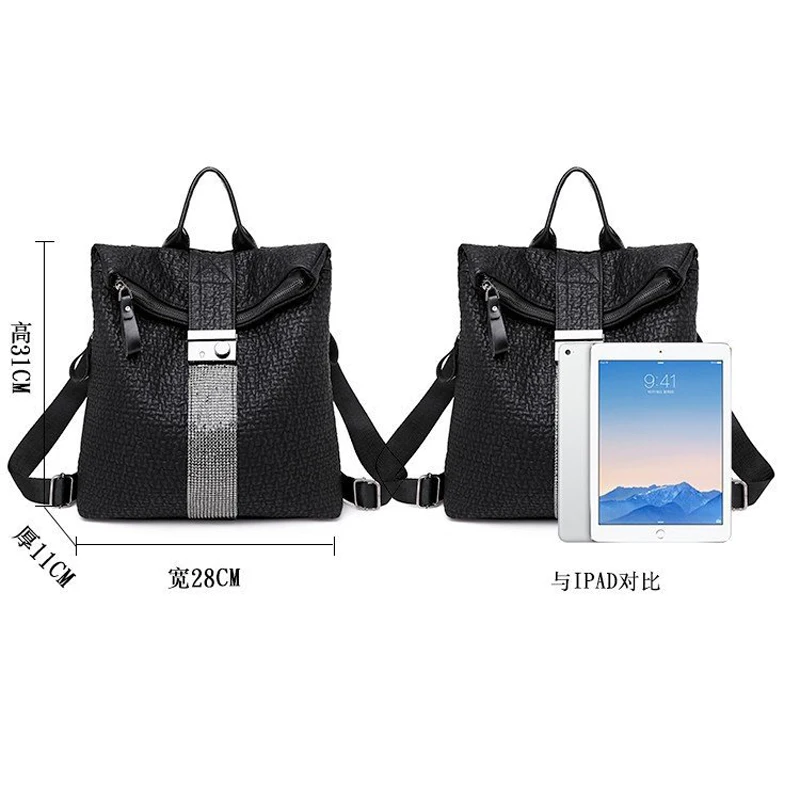 Школьные сумки от кражи mochila feminina, водонепроницаемые, для путешествий, роскошный, для ноутбука, черный кожаный милый рюкзак с кристаллами для женщин, дизайнерский