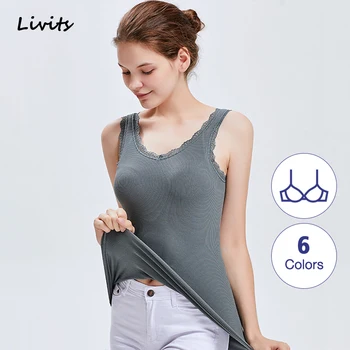 

Women's Thermal Underwear Tops Tanks Vest Female Warm Winter Built-in Bra Padde V Neck Sleeveless Lace Seamless Elasticity