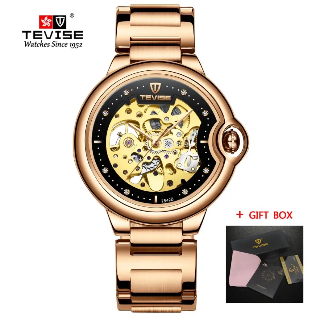 steel rosegold black Tevise Топ бренд для мужчин s часы автоматические механические часы полый Скелет Tourbillon наручные часы для мужчин Relogio Masculino - Цвет: steel rosegold black