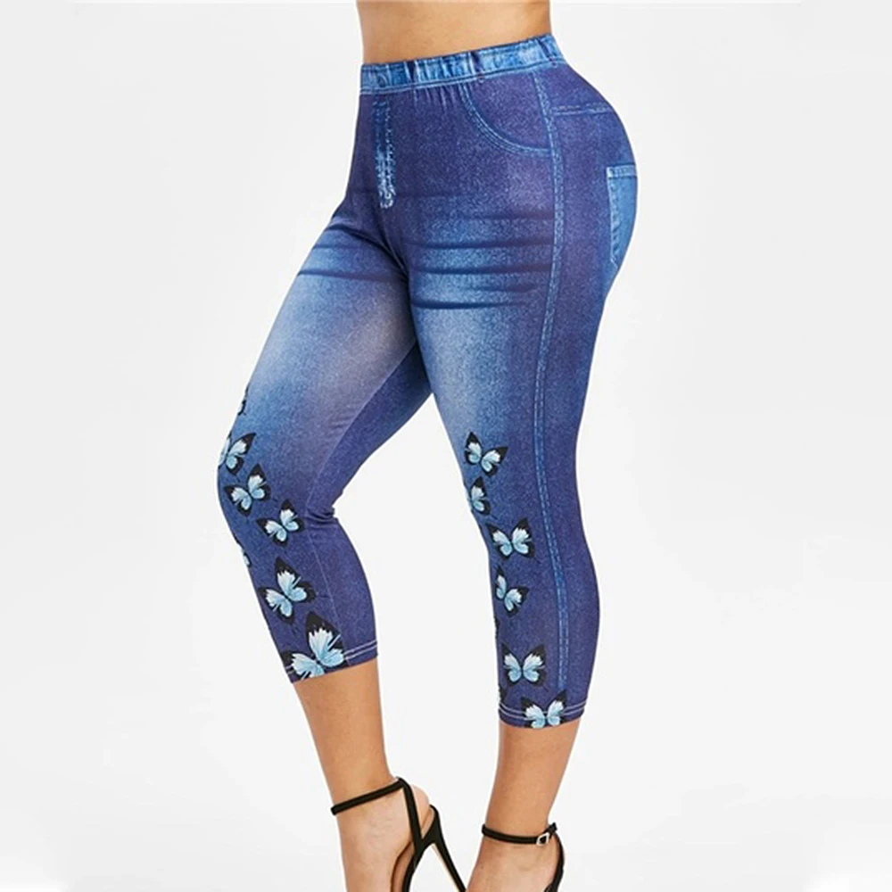 

Women Mid-Calf Leggings Imitate Jeans Printed Stretch Sports Pants Fitness High Waist Leggings Ladies Sweatpants Trousers