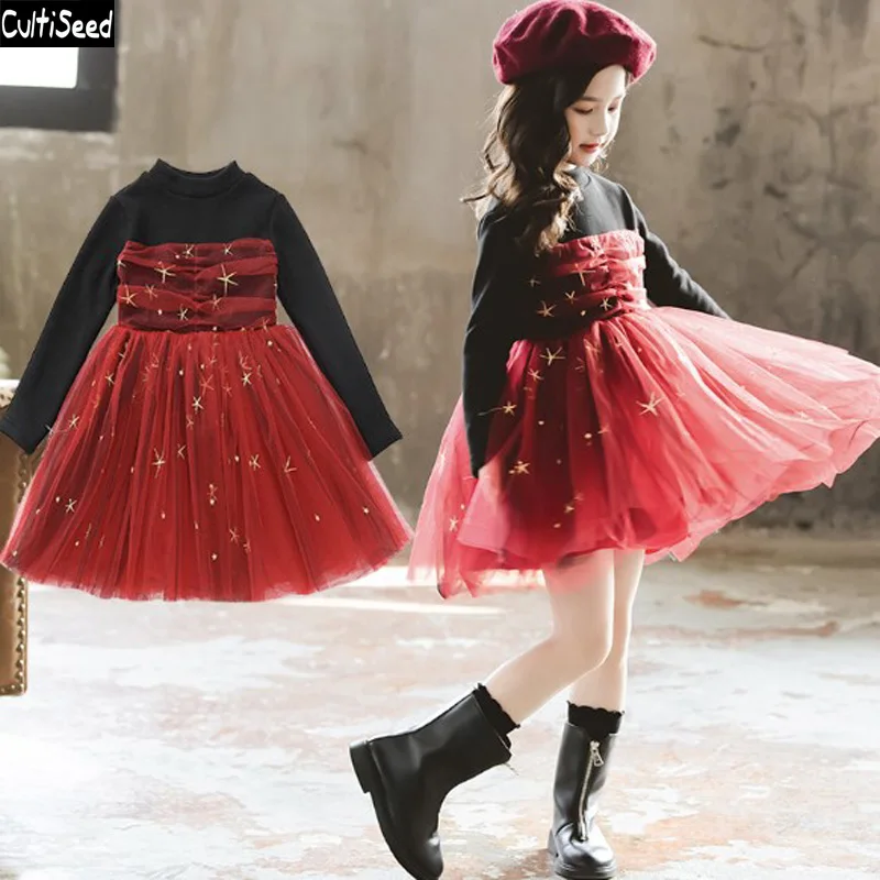 

Cultiseed Girl Autumn Winter Thicken Warm Dress Big Children Girls Korean Long Sleeve Patchwork Mesh Party Dress Kids Dresses
