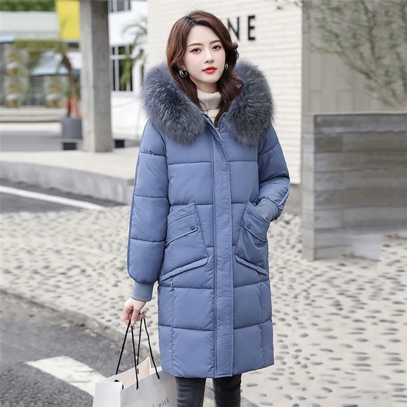 

2019 Women Winter Long Jacket Parka Cotton Artificial Raccoon Fur Collar Hooded Warm Solid Coat Padded Casual Outerwear YH612