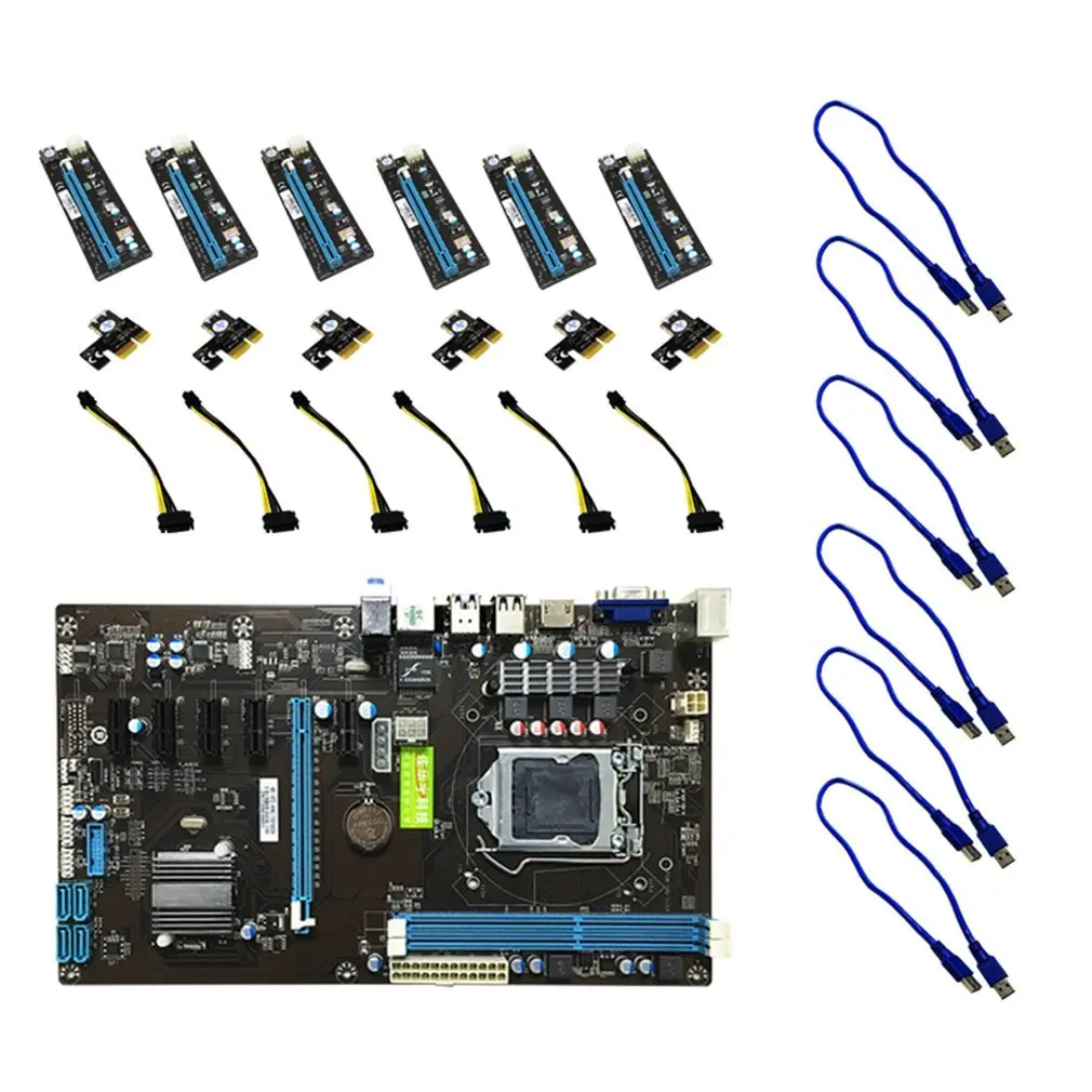 6 GPU Mining Motherboard with 6Pcs PCI-E Extender Riser Card Support DDR3 USB Computer Mainboard For BTC Eth Rig Ethereum