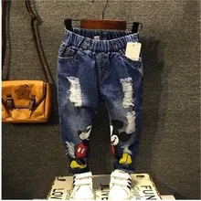 Джинсы с дырками и Микки для мальчиков повседневные свободные рваные джинсы для девочек, детские джинсовые штаны рваные джинсы для мальчиков детские штаны с Микки