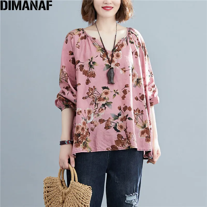 

DIMANAF T-shirt Linen Summer Women Blouse Plus Size Floral V-Neck Tshirt Casual Tops Shirts Female Vintage Tees Spring Blouse