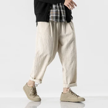 

Men Cotton Linen Loose Casual Ankle-length Pant Male Japan Streetwear Fashion High Street Hip Hop Wide Leg Harem Trousers
