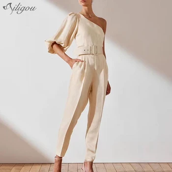 

Ailigou Sexy Jumpsuit Women Stand Collar Diagonal Puff Sleeves Word Shoulder High Waist Belt Jumpsuit Women 2020 Summer Tide