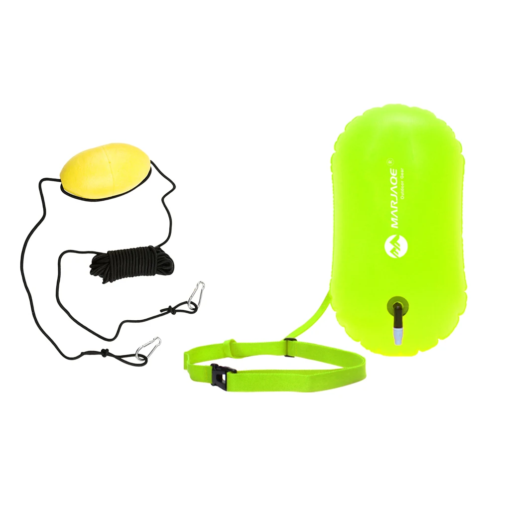 Fluo Yellow Swim Bubble Safety Buoy Float with Orange Kayak Anchor Throw Tow Rope Line Water Swim Buoy