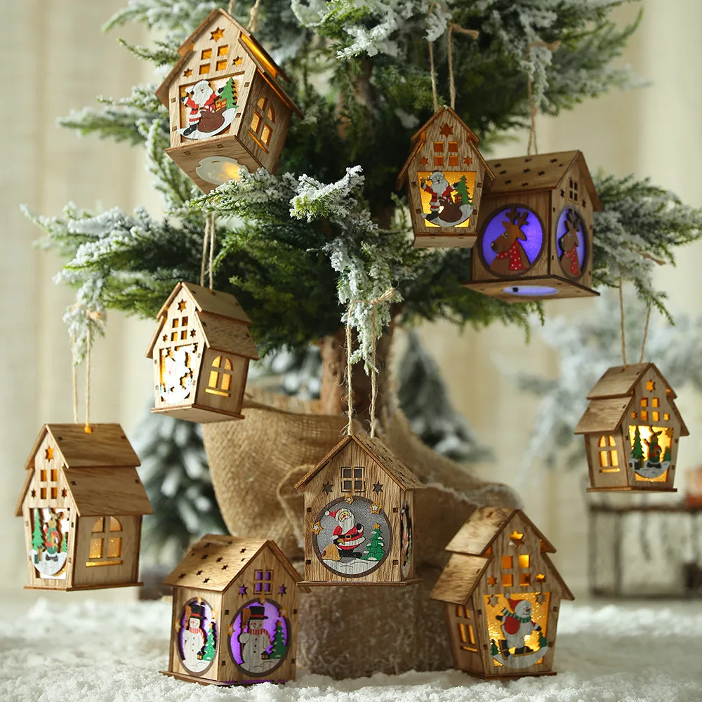 

Christmas Santa Claus Snowman Lighted Cabin Assembling House DIY Cottage Wooden Pendants Ornaments for Xmas Tree Decoration