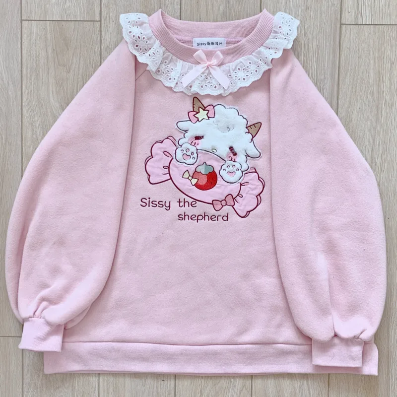 2020 Autumn New Women Lace Neck Cute Hoodies Harajuku Kawaii Sweatshirt Women Pink Pullover Lamb And Candy Embroidery Sudadera