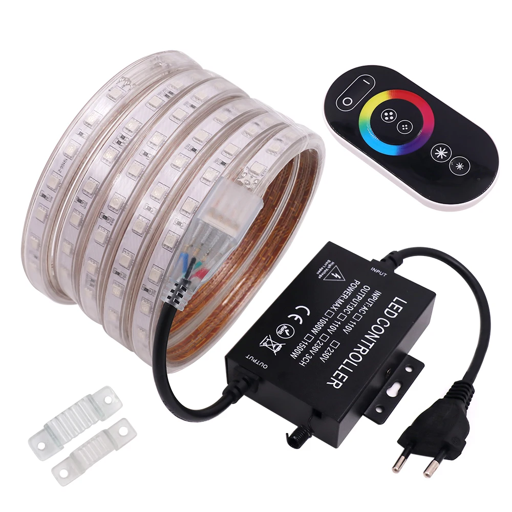 

220V RGB LED Strip Light 5050 60LED/m RF Touch Remote Control Waterproof 1500W Controller Ribbon LED Tape Light Home Decoration