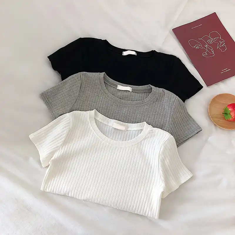 固体ラウンドネックリブニットカジュアル Tシャツ女性の Tシャツ 秋半袖オフィス女性の基本的な体にぴったりした Tシャツ Tシャツ Aliexpress