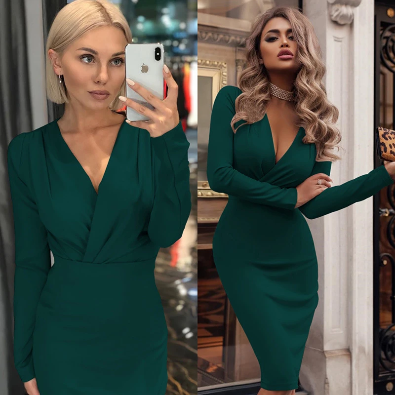 Vestido de fiesta ajustado de manga larga para mujer, Sexy, ceñido al cuerpo, cuello de pico profundo, liso, informal, elegante, nuevo vestido de moda de invierno 2019|Vestidos| -