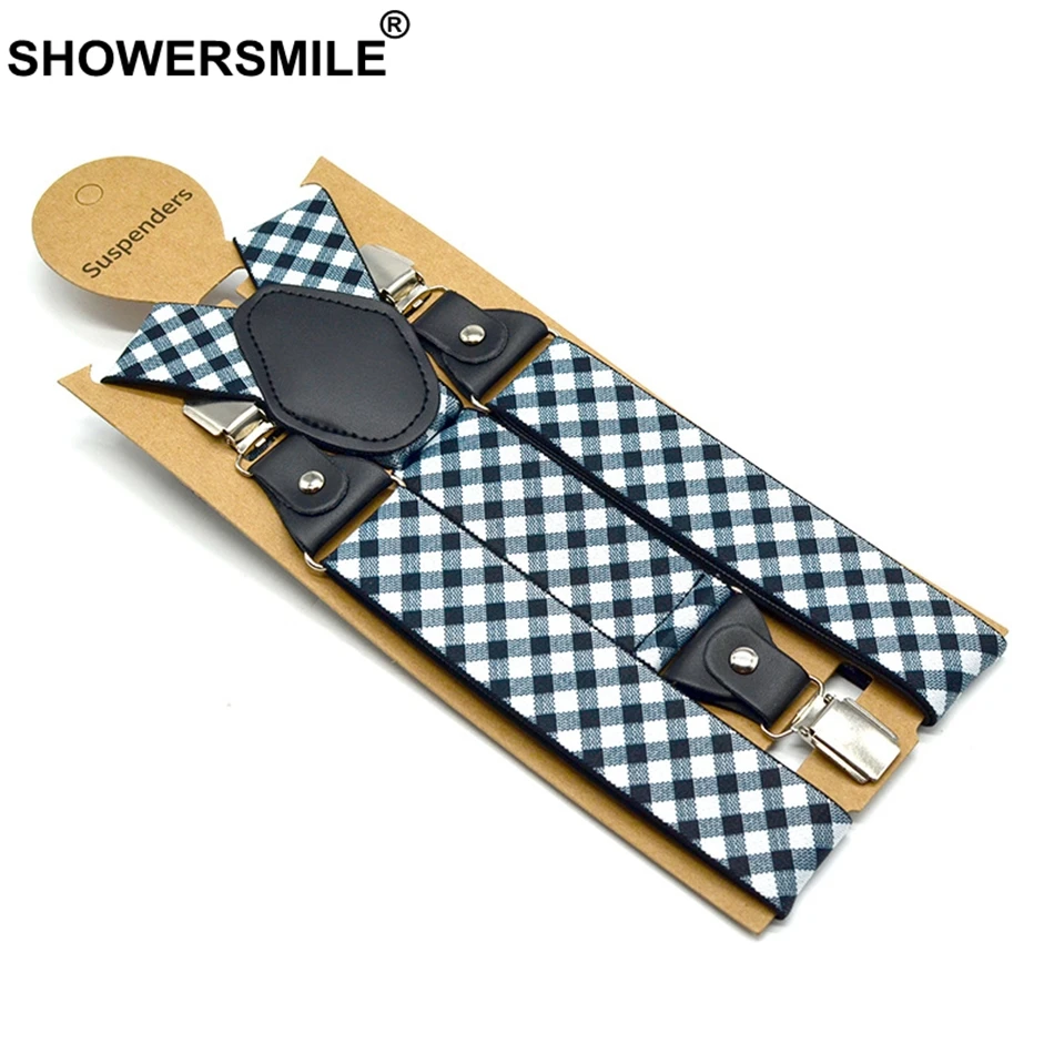 Подтяжки SHOWERSMILE мужские в клетку Винтажные эластичные Свадебные подтяжки чёрные