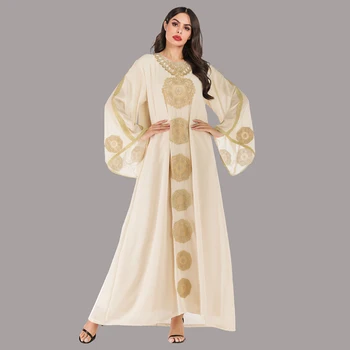 

Fashion Chiffon Embroidery Double-layer Ethnic Dress Flare Sleeve Muslim Abaya Dubai Arabic Ramadan Robe Moroccan Gown VKDR1747