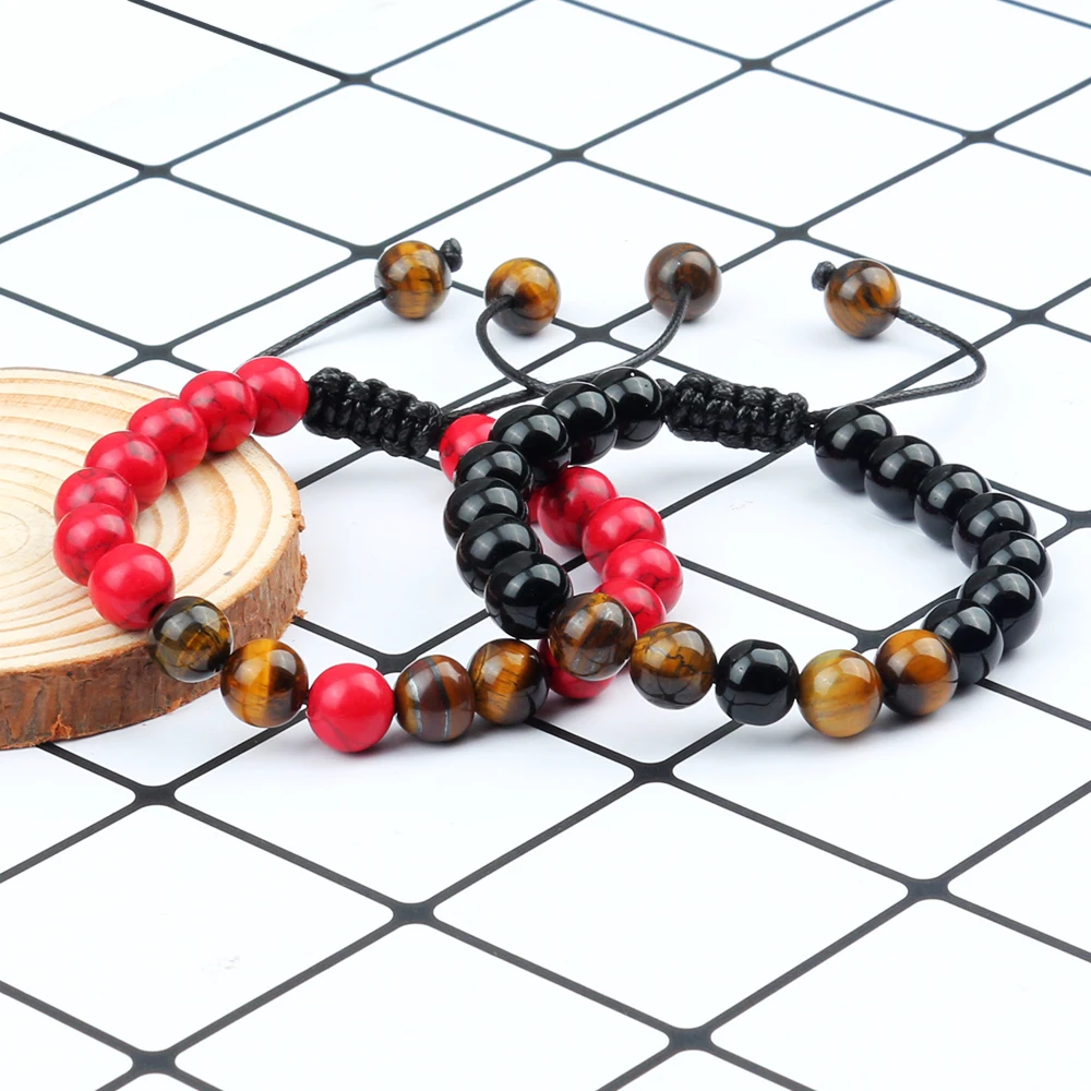 Stone Bead Bracelet 2Pcs Adjustable Braided Natural Stone Beads Bracelets for Couples Women Men Tiger Eye Lava Bracelet Yoga Jewelry