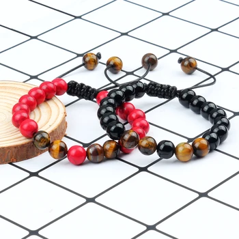 2Pcs Adjustable Braided Natural Stone Beads Bracelets Bangles For Couples Women Men Tiger Eye Lava