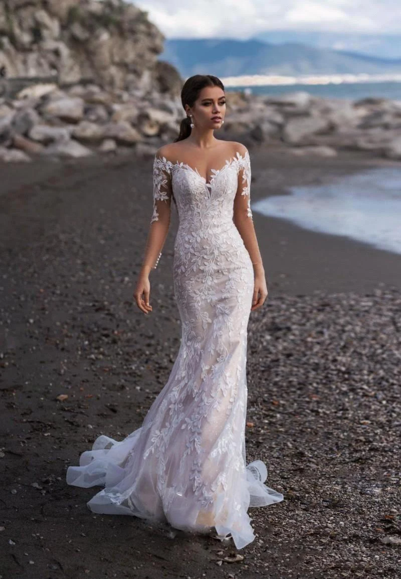 Смайлик Русалка свадебное платье с длинными рукавами Свадебные платья Boho кружевное платье с аппликацией de soriee турецкие свадебные платья