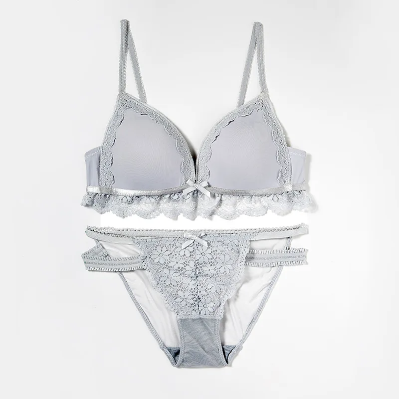 

French Style Triangle Cup Bra Without Rims Girl Lace Push Up Bra Solid Color Underwear Set Bra and Briefs Set