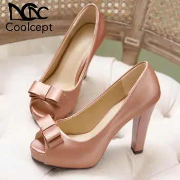 

Coolcept Women Pumps PU Leather Elegant Ladies Bow-knot Peep Toe Pumps Spring Wedding Party Footwear Size 32-43