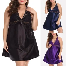 Размера плюс S-5XL, женская шелковая атласная пижама с глубоким v-образным вырезом и кружевом, одноцветная Пижама с перекрещивающимися сзади