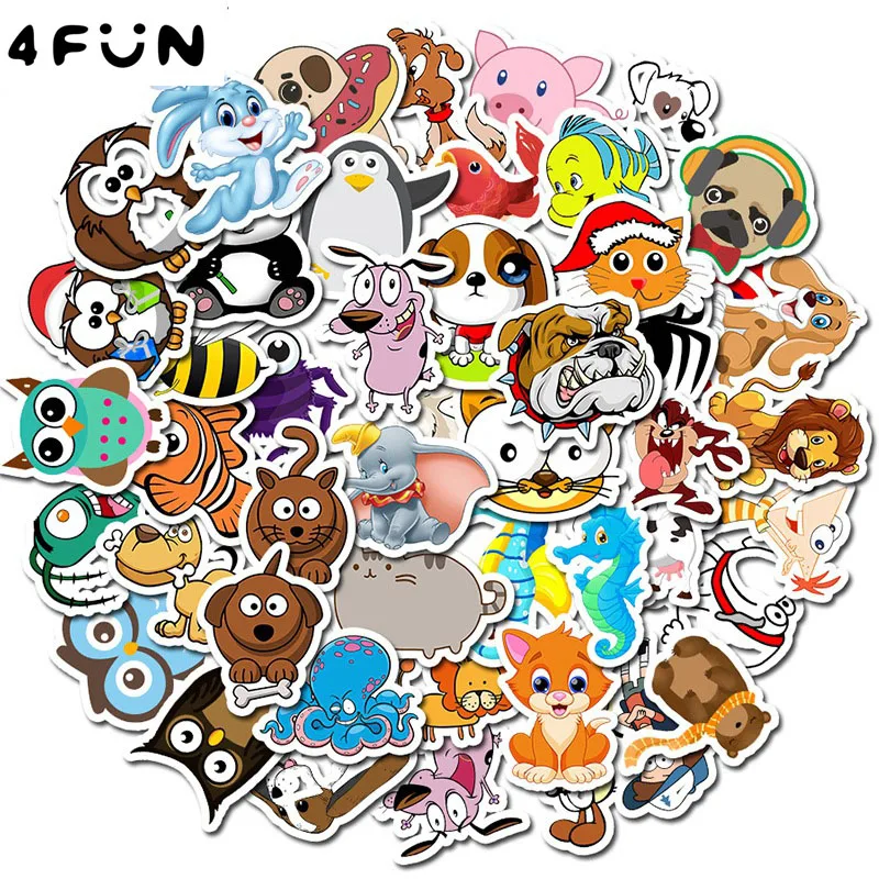 50pcs cute animal stickers for Car Styling Bike Motorcycle Phone Laptop Travel Luggage shark Sticker not repeat cat dog | Игрушки и